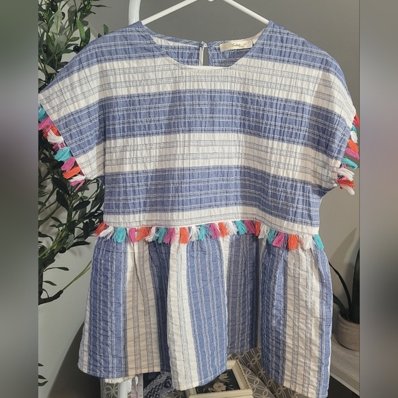 ANDREE by UNIT Boho Pom Pom Tassel Striped Linen Baby Doll Top Small - Picture 3 of 7